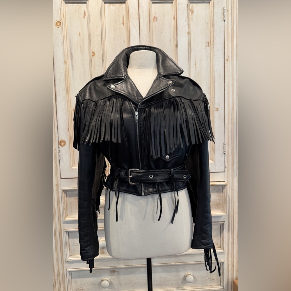 Black Leather Fringed Bickers Jacket.